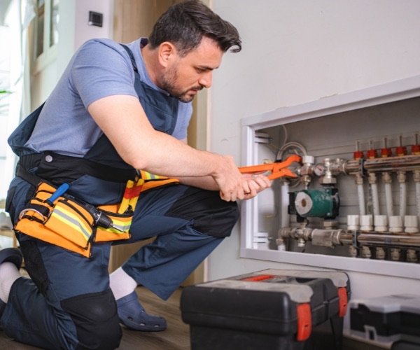 Installateur arbeitet am Heizkreisverteiler