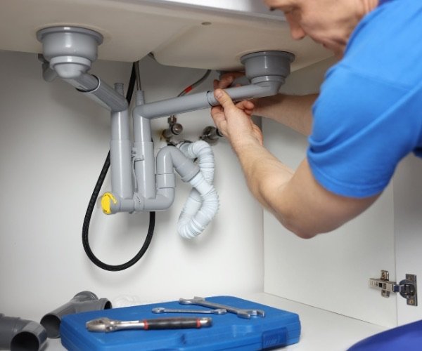 Installateur repariert Wasserleitungen und Eckventile unter einer Spüle