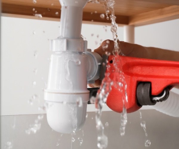 Wasser spritzt aus einem undichten Siphon unter der Spüle